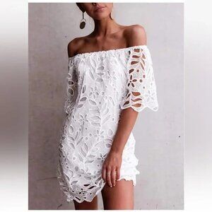 Pretty Garden Floral Lace Cutout Off Shoulder Dress NWT